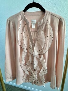 Chico's Soft Blush Pink Polka-Dot Ruffle Front Blouse